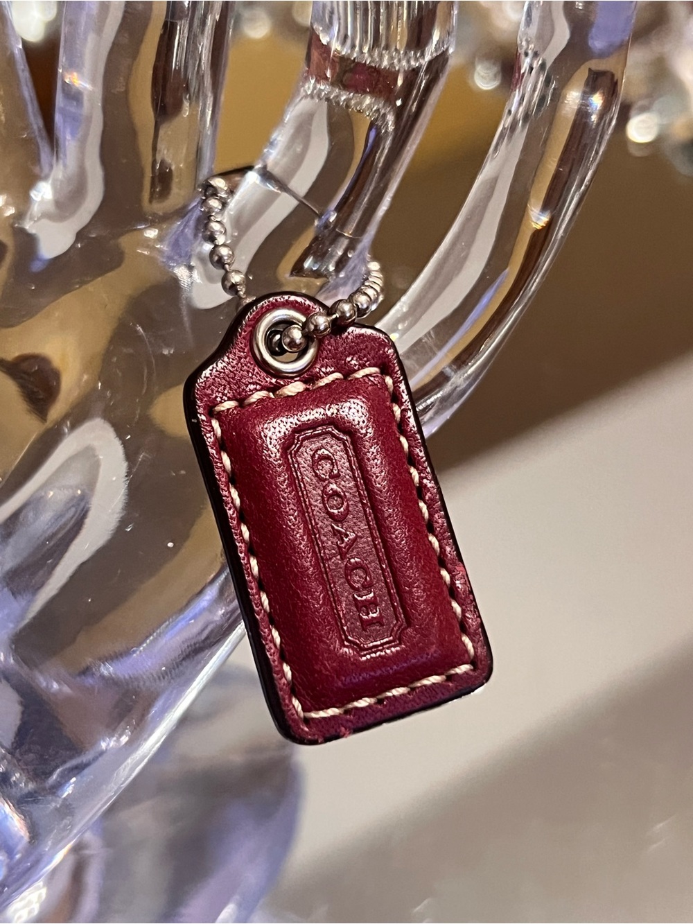 Coach Burgundy Leather Key Tag with Accent Stitching